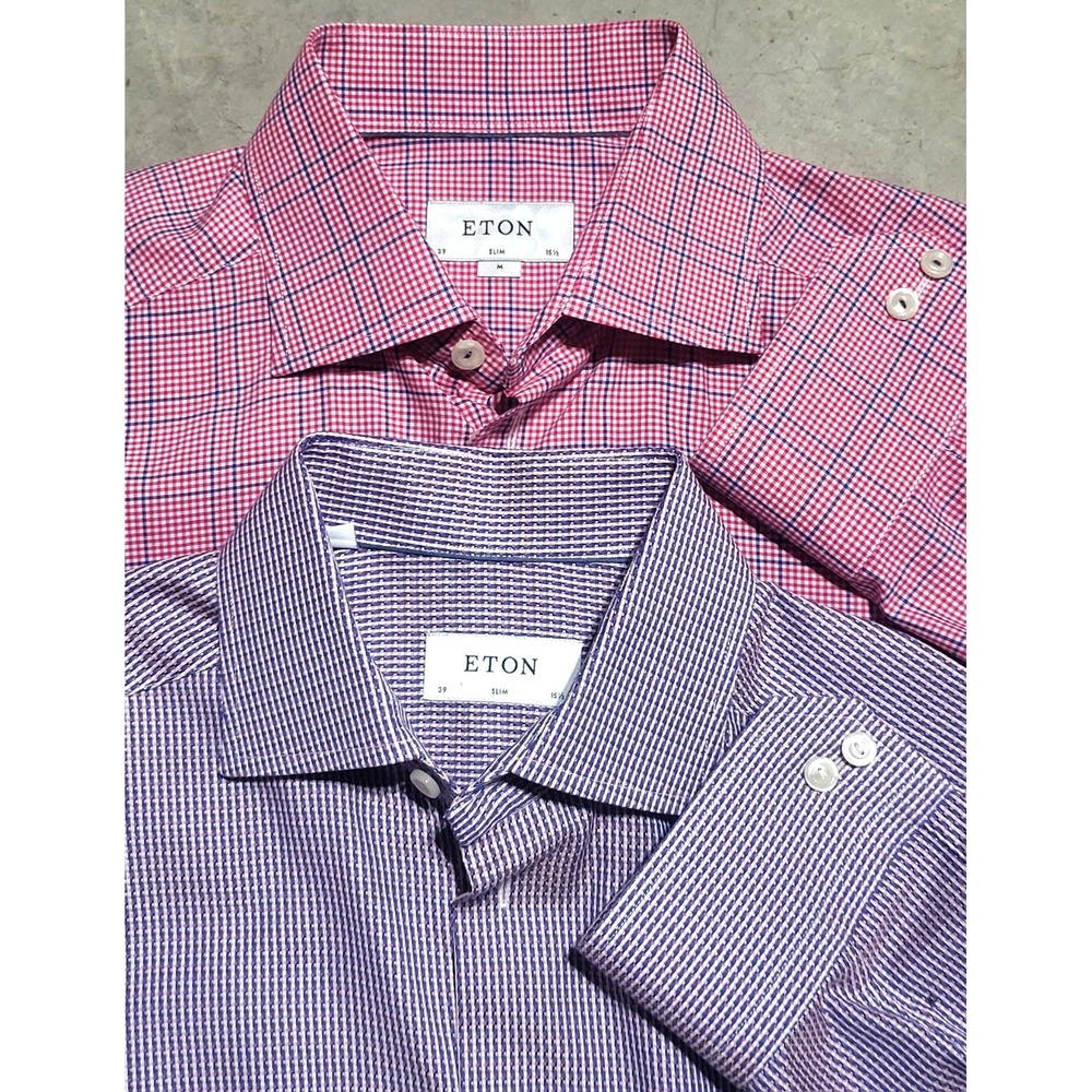 NWOT Lot of 2 Eton Mens Slim Fit Dress Shirts 15 1/2 Medium 39 Pink Purple Check
